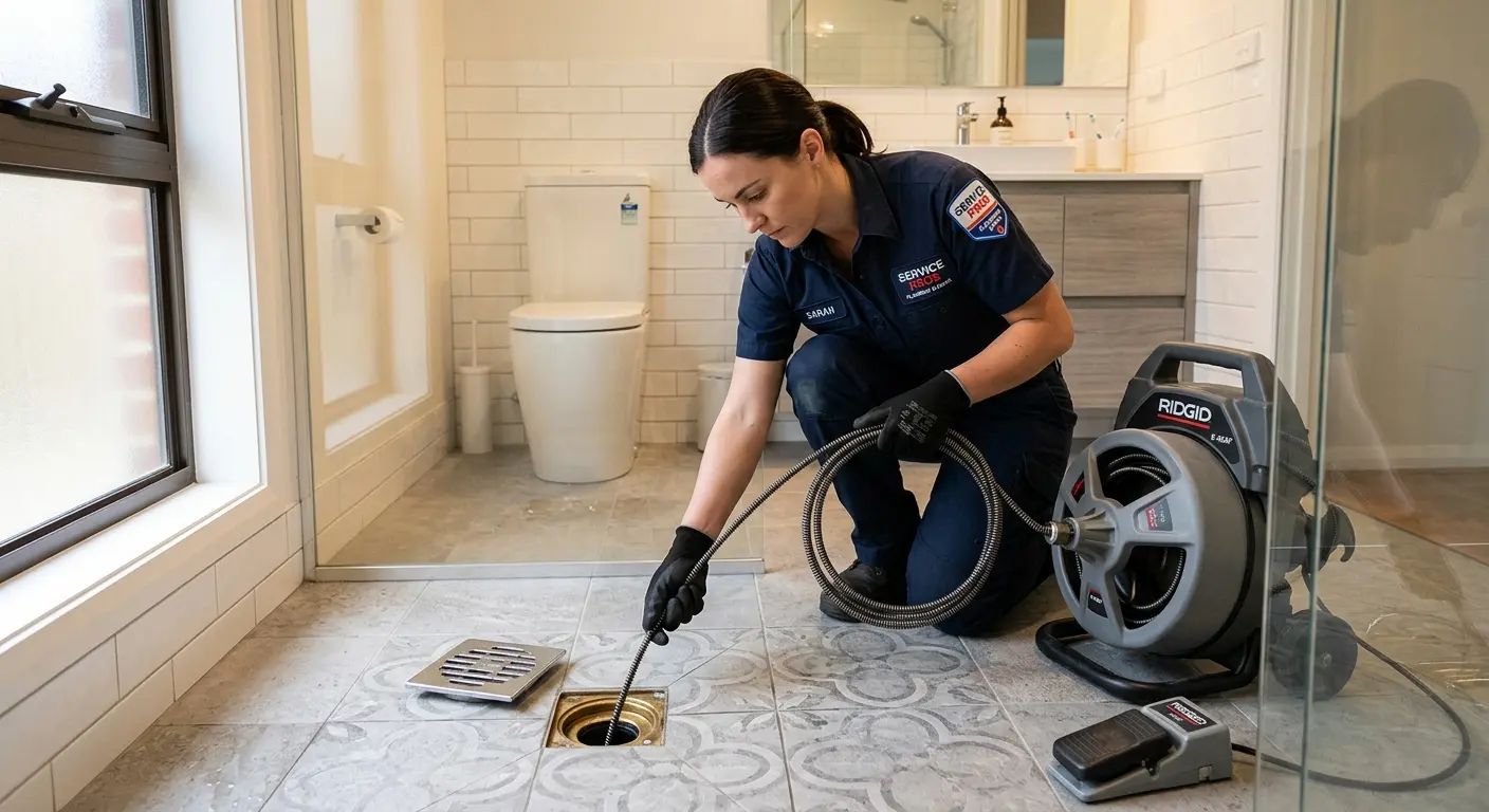 Technician clearing a bathroom floor drain for Sewer Line Installation in Glenolden